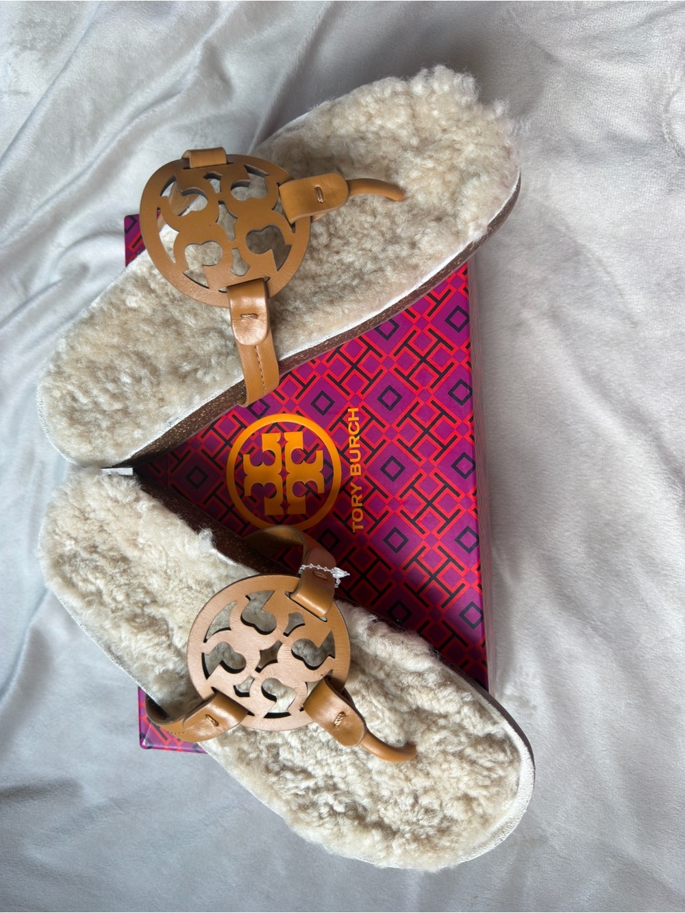 Tory Burch Tan Leather Logo Shearling Sandals NWT